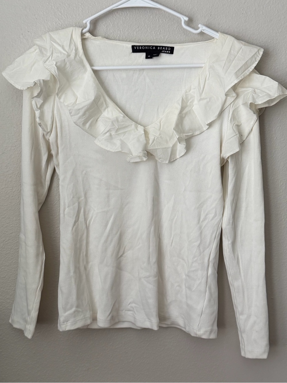Veronica Beard Strata Ruffle V Neck Blouse XS White Long Sleeve Knit Top - Picture 2 of 6